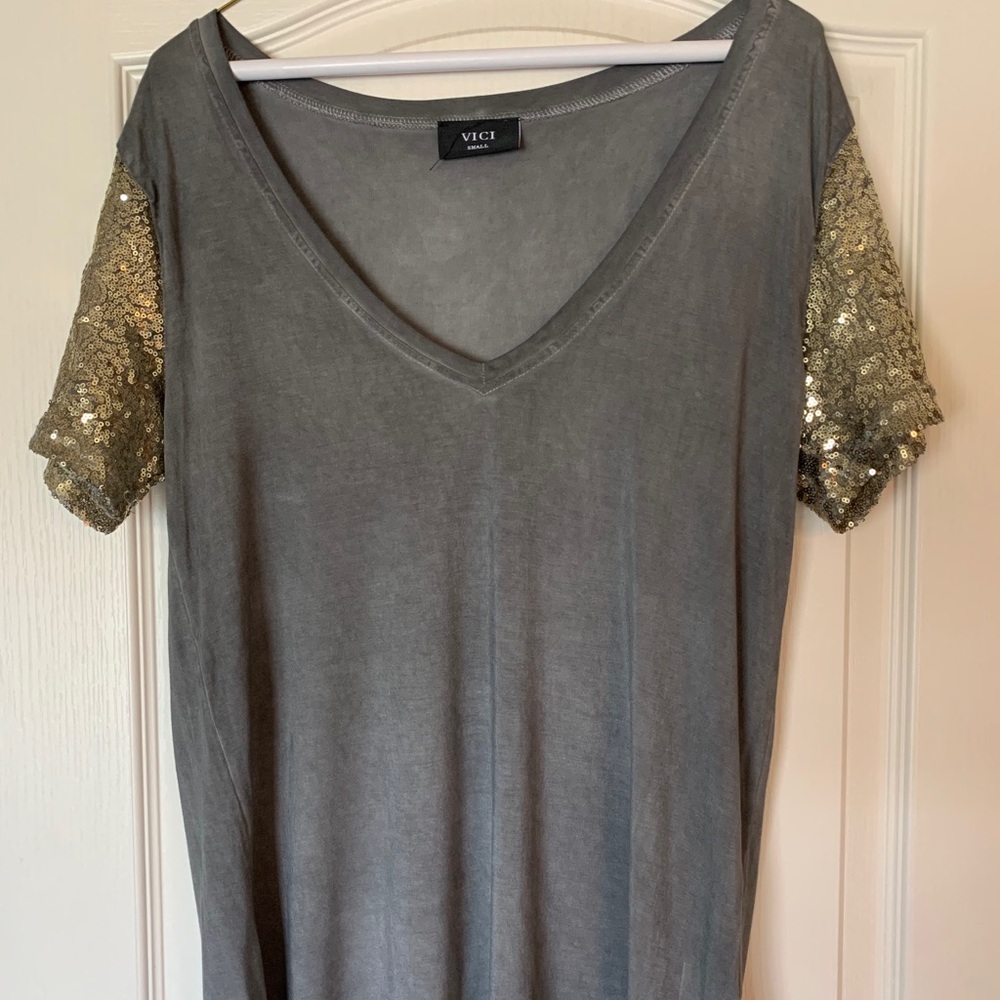 Grey Tee with Gold Sequin Sleeves